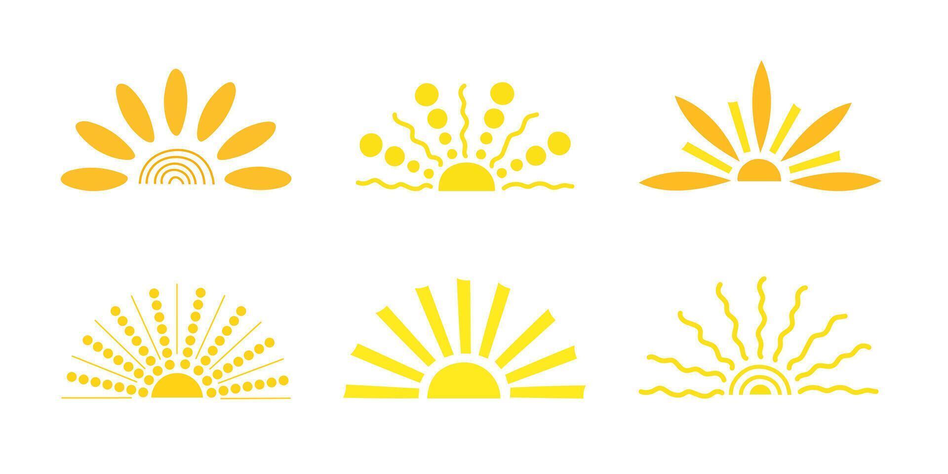 Simple yellow half sun hand drawn flat illustration with half-circle shape in middle, cute summer sunset, dawn image for logo, cards, decor, vacation concept, holiday, summertime kids design vector