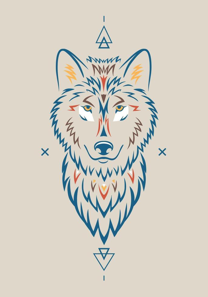 Beautiful wolf illustration with ethnic elements on beige background. Tribal animal symbol for print vector