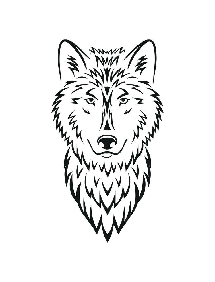 Beautiful wolf head black line tattoo illustration. Wild wolf symbol for print isolated on white vector