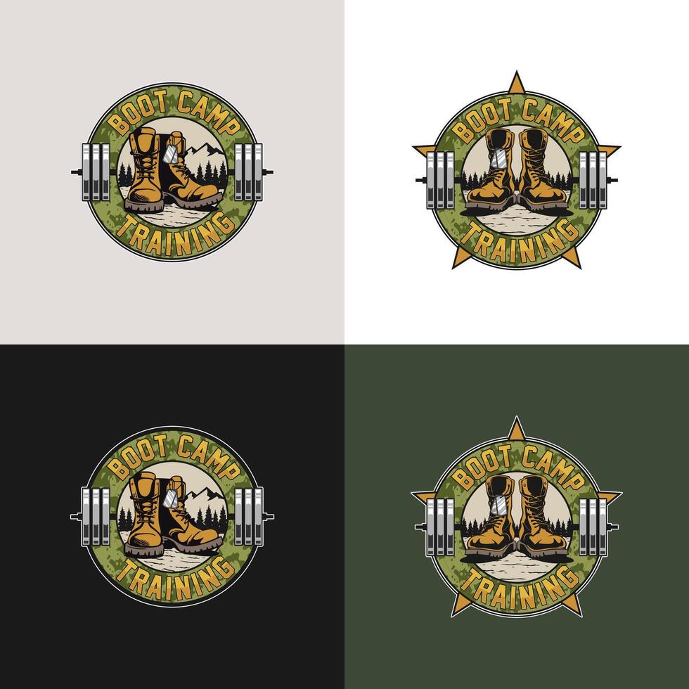 The illustrated logo concept features elements of boot camp, military, and fitness. vector