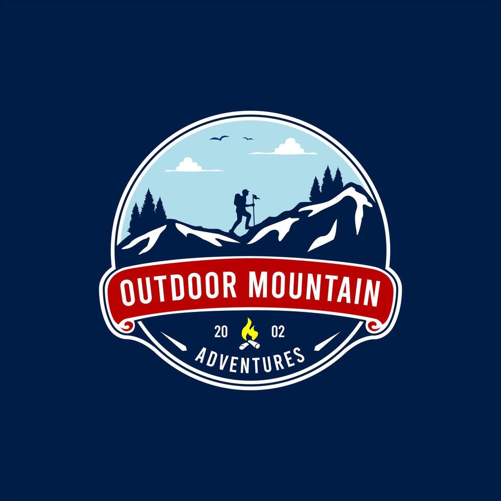The Circular Emblem Illustration of Outdoor Mountain Adventure with a Backpacker. vector