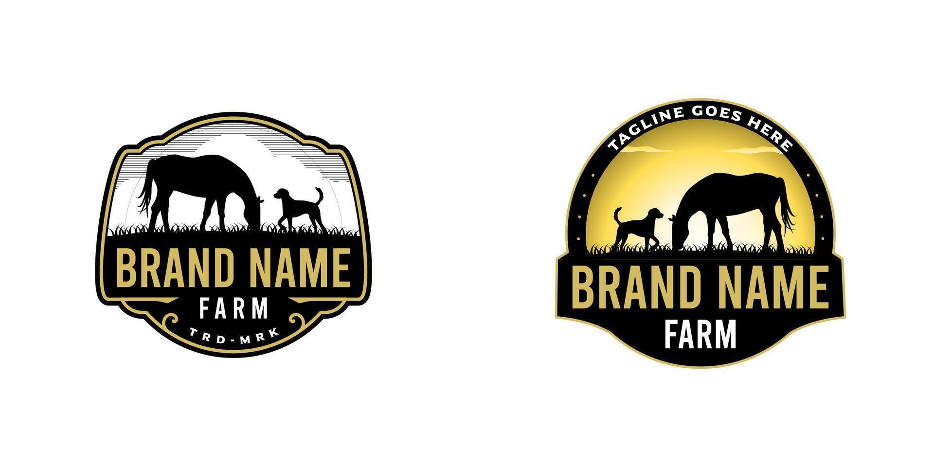 The Farm Logo Illustration Features an Emblematic Design with the Silhouette of a Dog and a Horse. vector