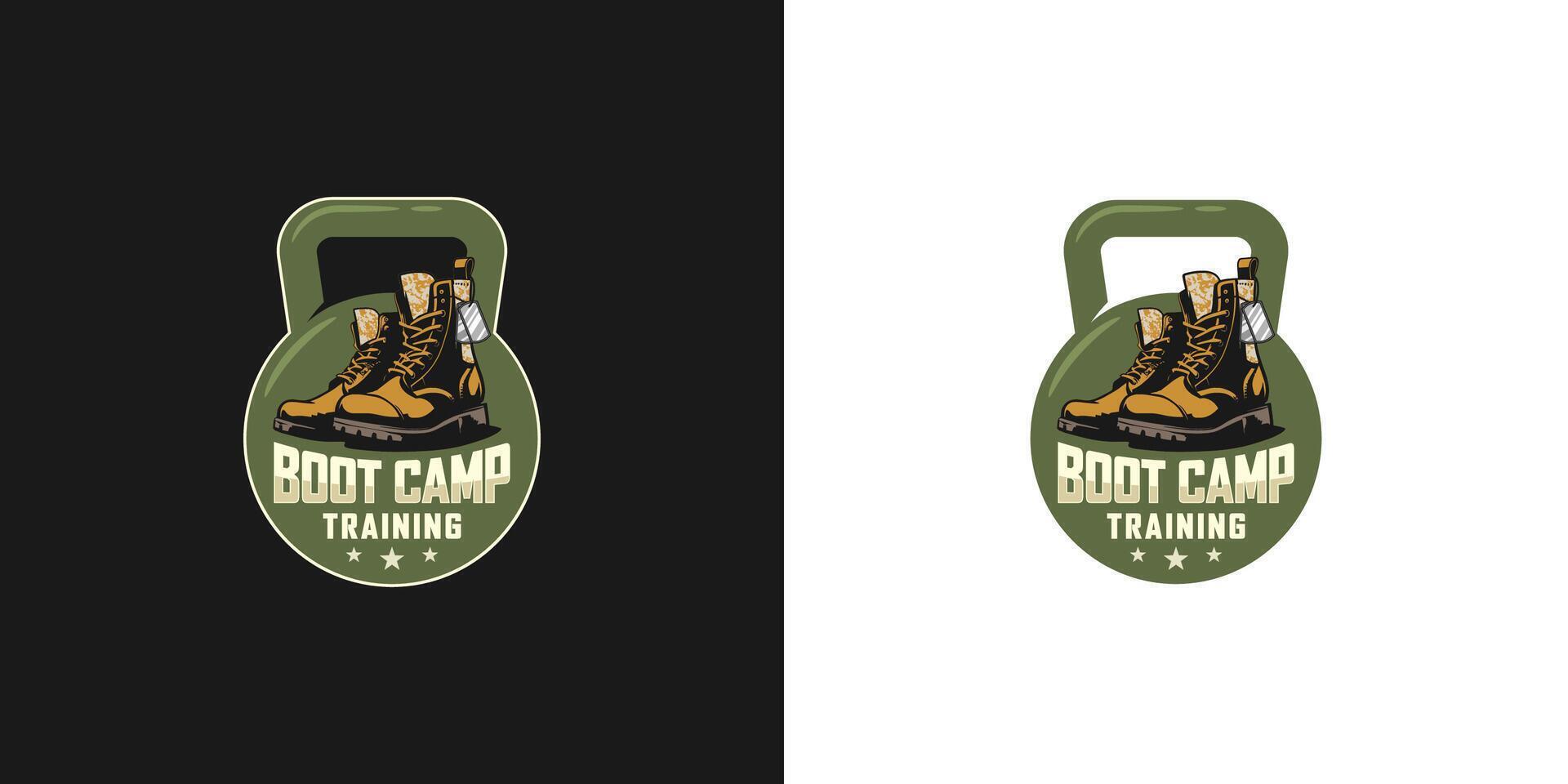 The illustrated logo concept features elements of boot camp, military, and fitness. vector