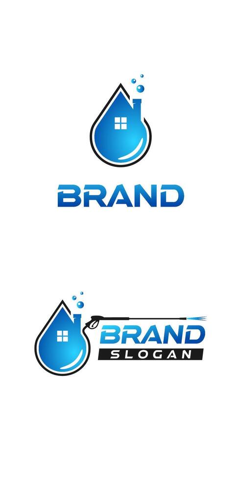 A sophisticated logo design that seamlessly blends elements of a house, water drop, and pressure washer gun with a captivating shade of blue. vector