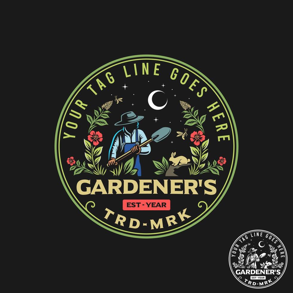 The circular logo ilustration depicts a gardener, rabbit, bee, and flowers. vector