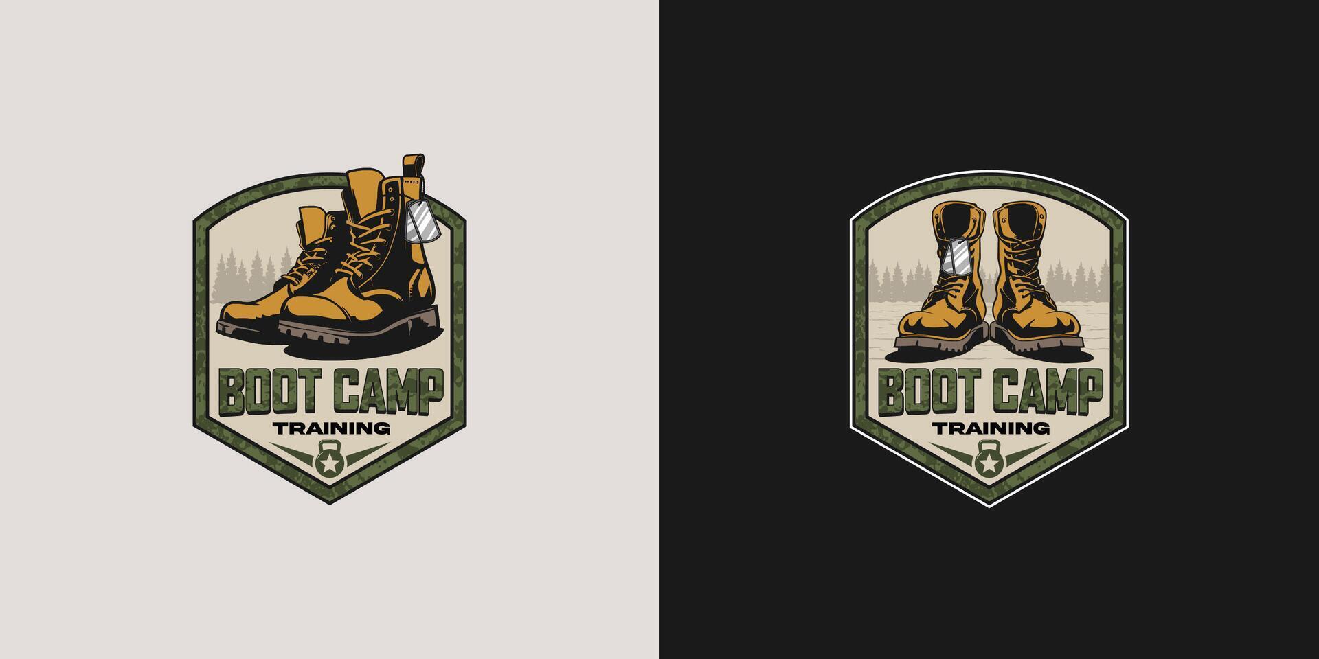The illustrated logo concept features elements of boot camp, military, and fitness. vector