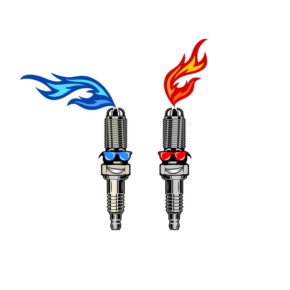 The Illustration of a Spark Plug Features Blue and Red Flames. vector