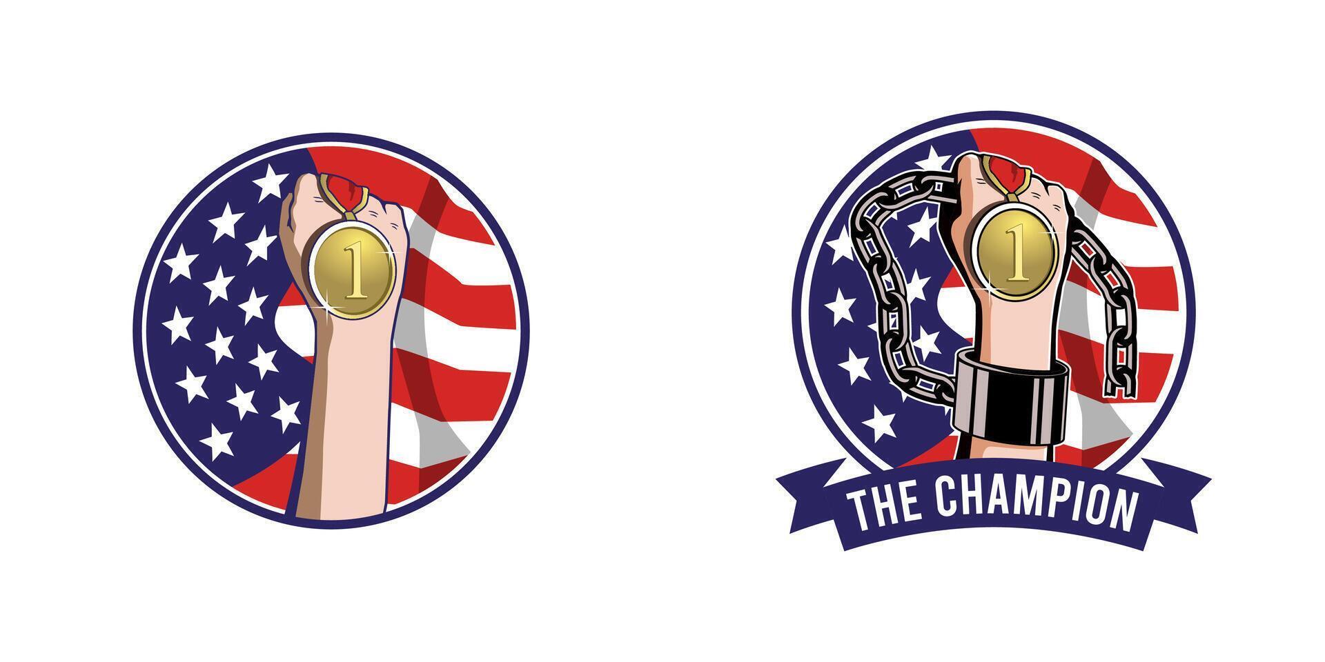 A Circular American Flag with a Hand Holding a Gold Medal. This Design is Suitable for Patriotic Themed Merchan. vector