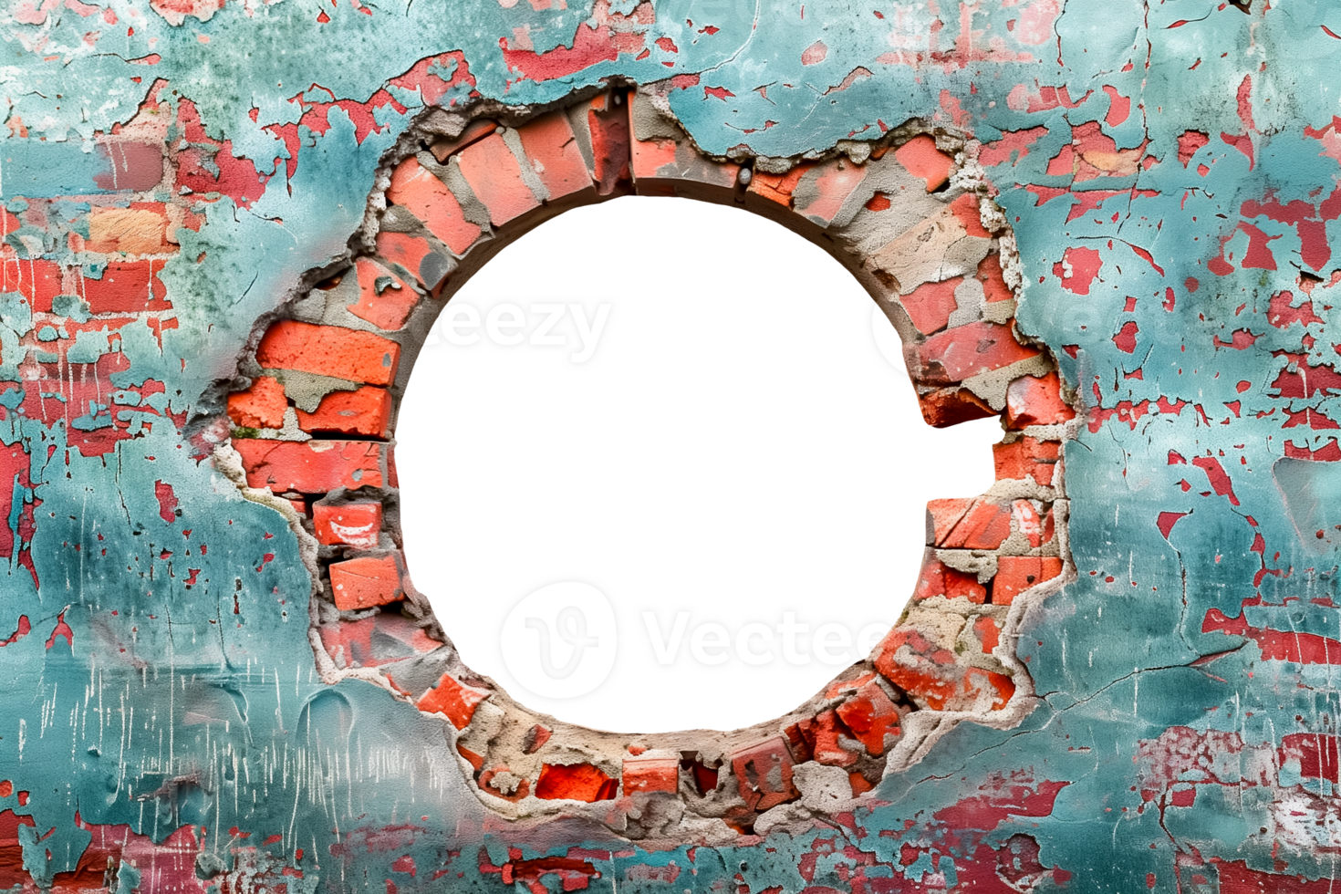 Hole on old red blue brick wall transparent background design element png