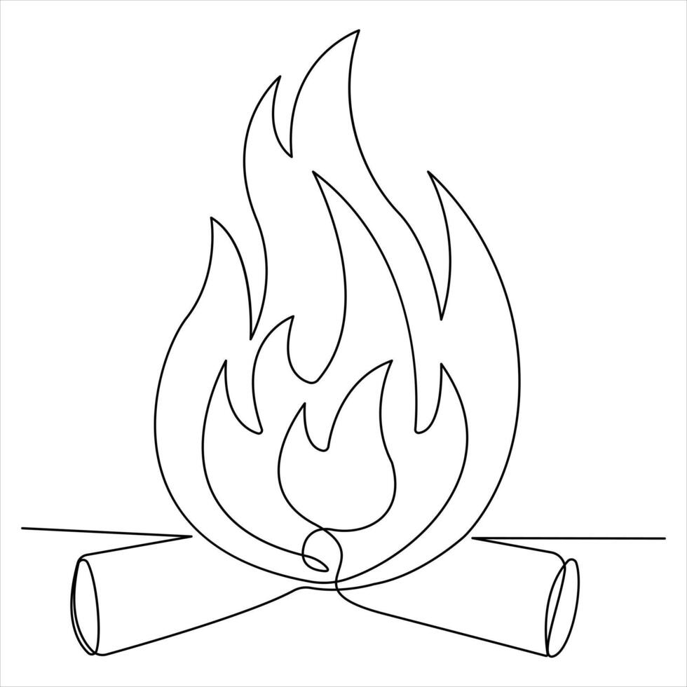 Continuous single line drawing of bonfire outline illustration and editable stroke vector