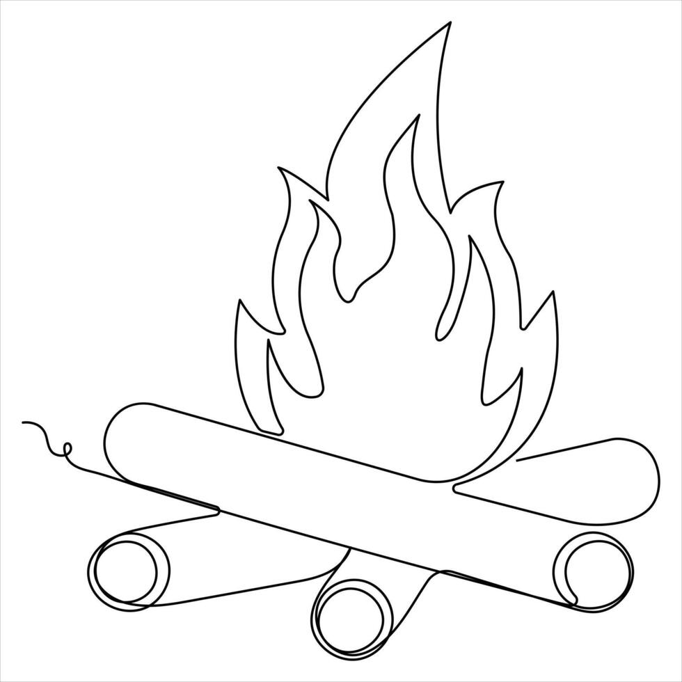 Continuous single line drawing of bonfire outline illustration and editable stroke vector