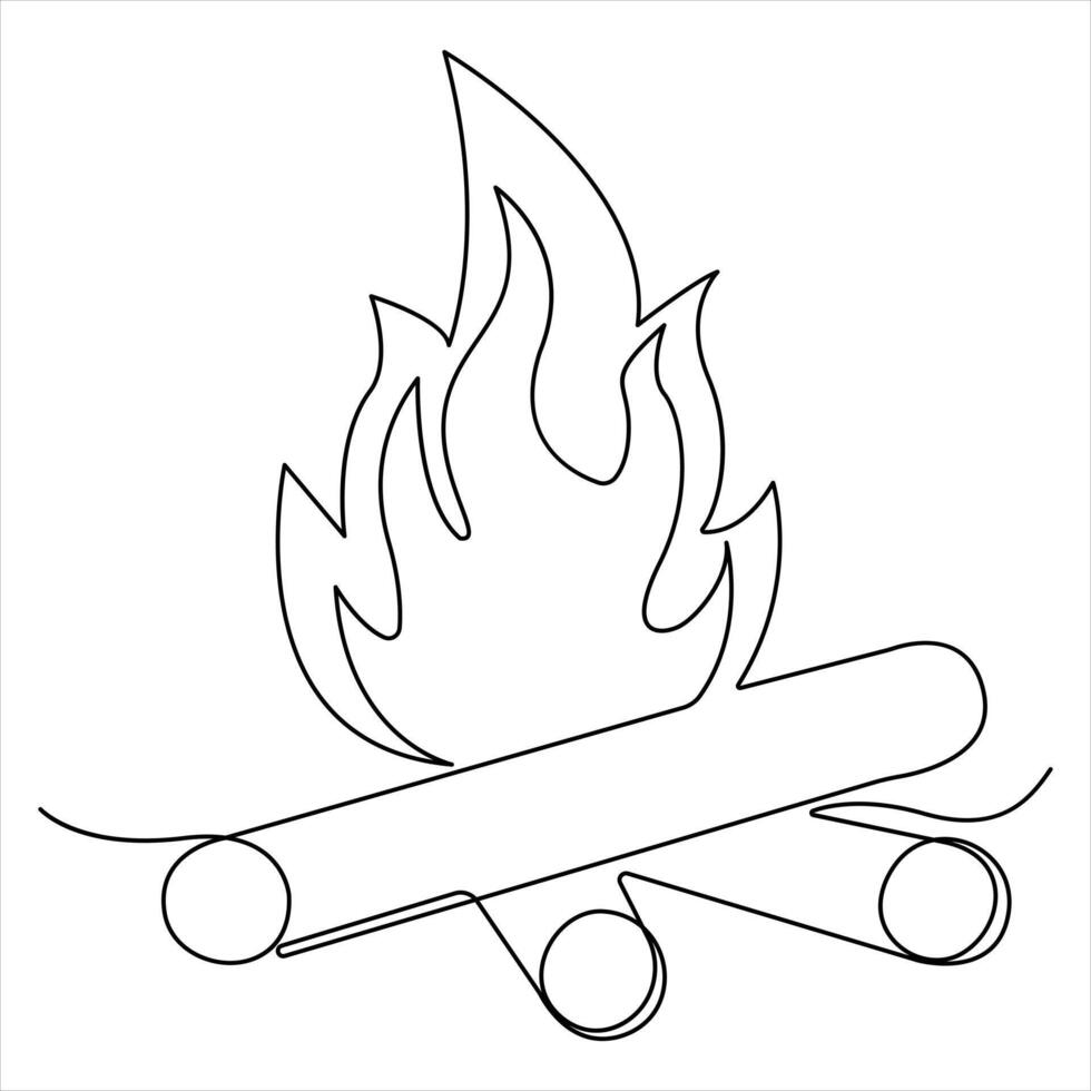 Continuous single line drawing of bonfire outline illustration and editable stroke vector