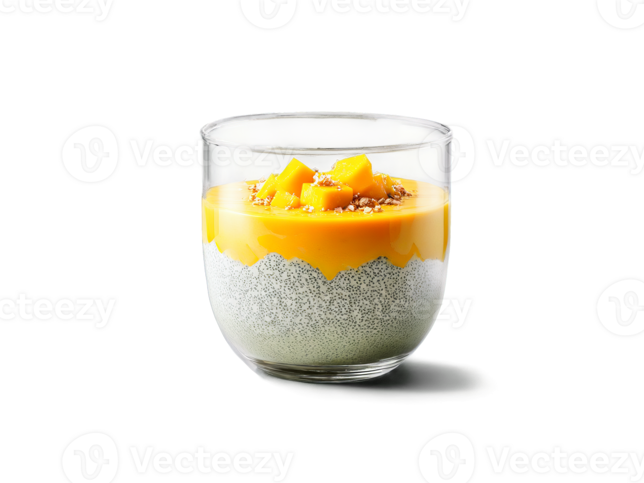 Vegan mango chia pudding with coconut milk and fresh mango cubes served in a transparent png