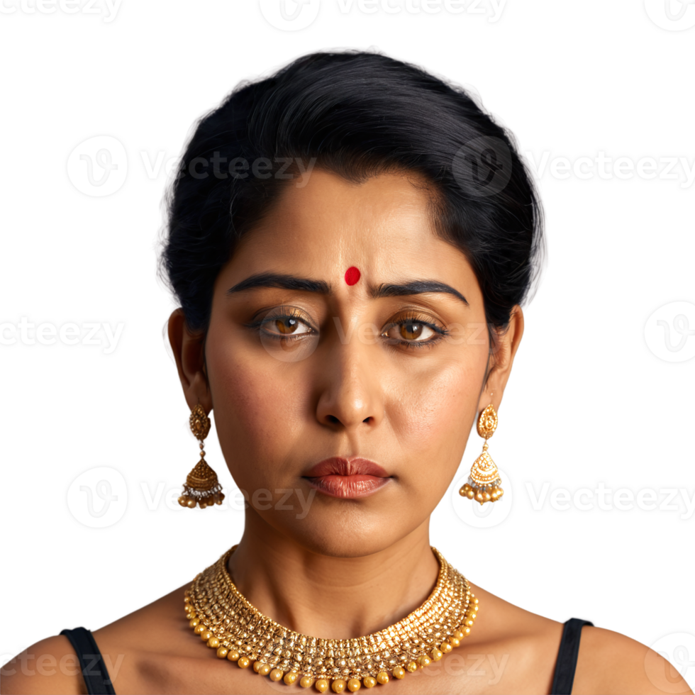 Middle aged South Asian woman with updo and gold necklace adorable face grieving eyes pouting. Essence of diverse femininity. png