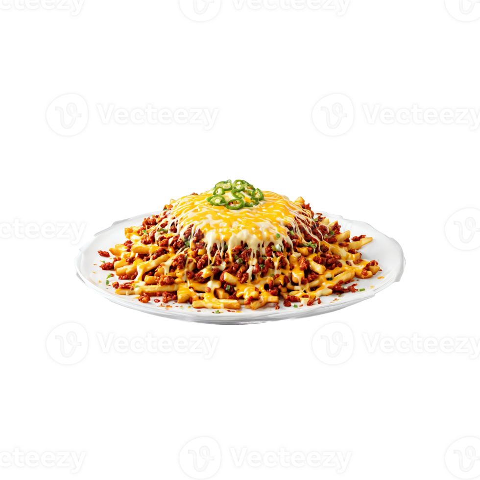 Chili cheese fries with melted cheese and chili steaming and airborne Food and culinary concept png