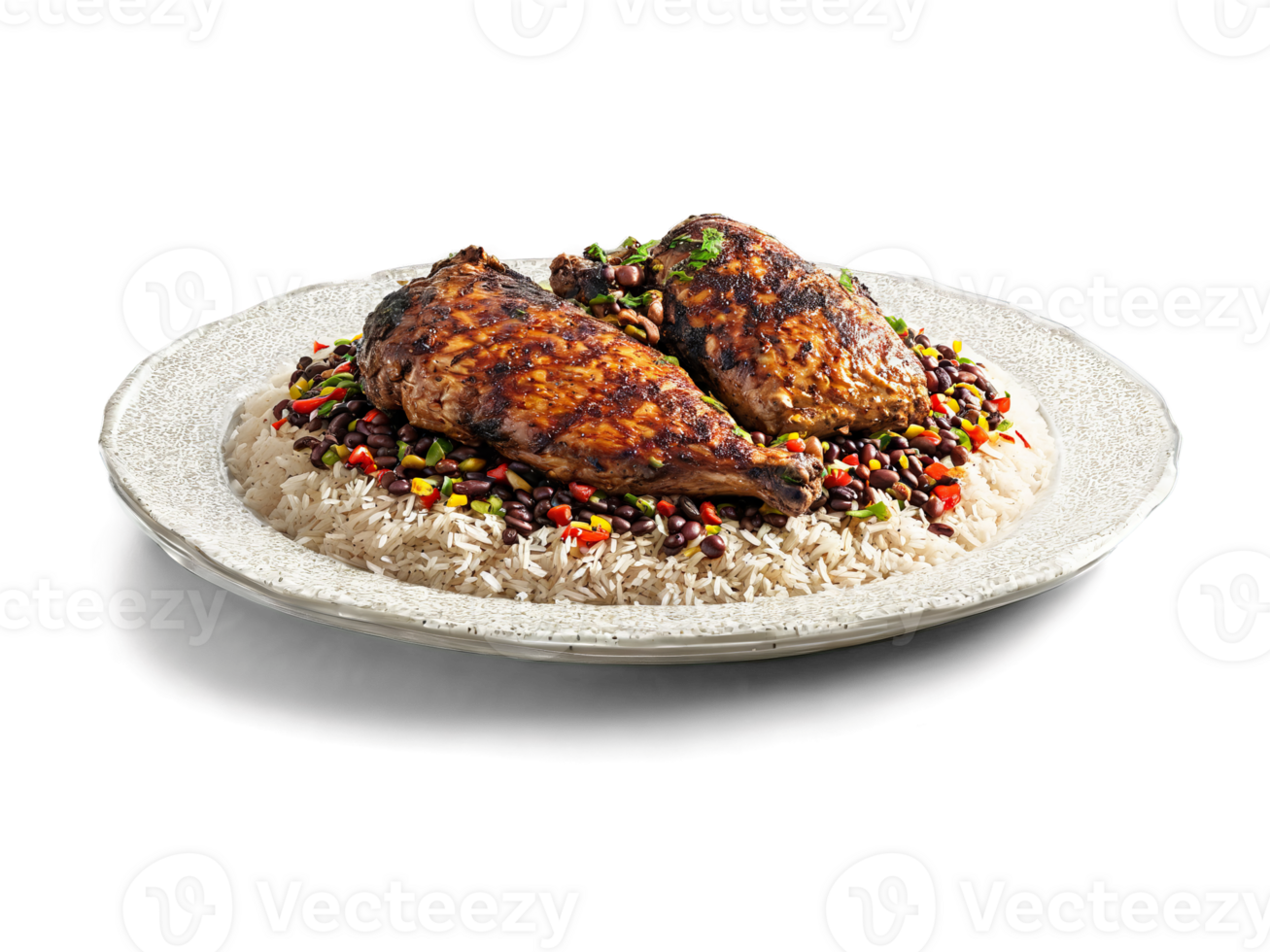 Jerk chicken spicy and grilled served with rice and beans on a transparent glass dish png