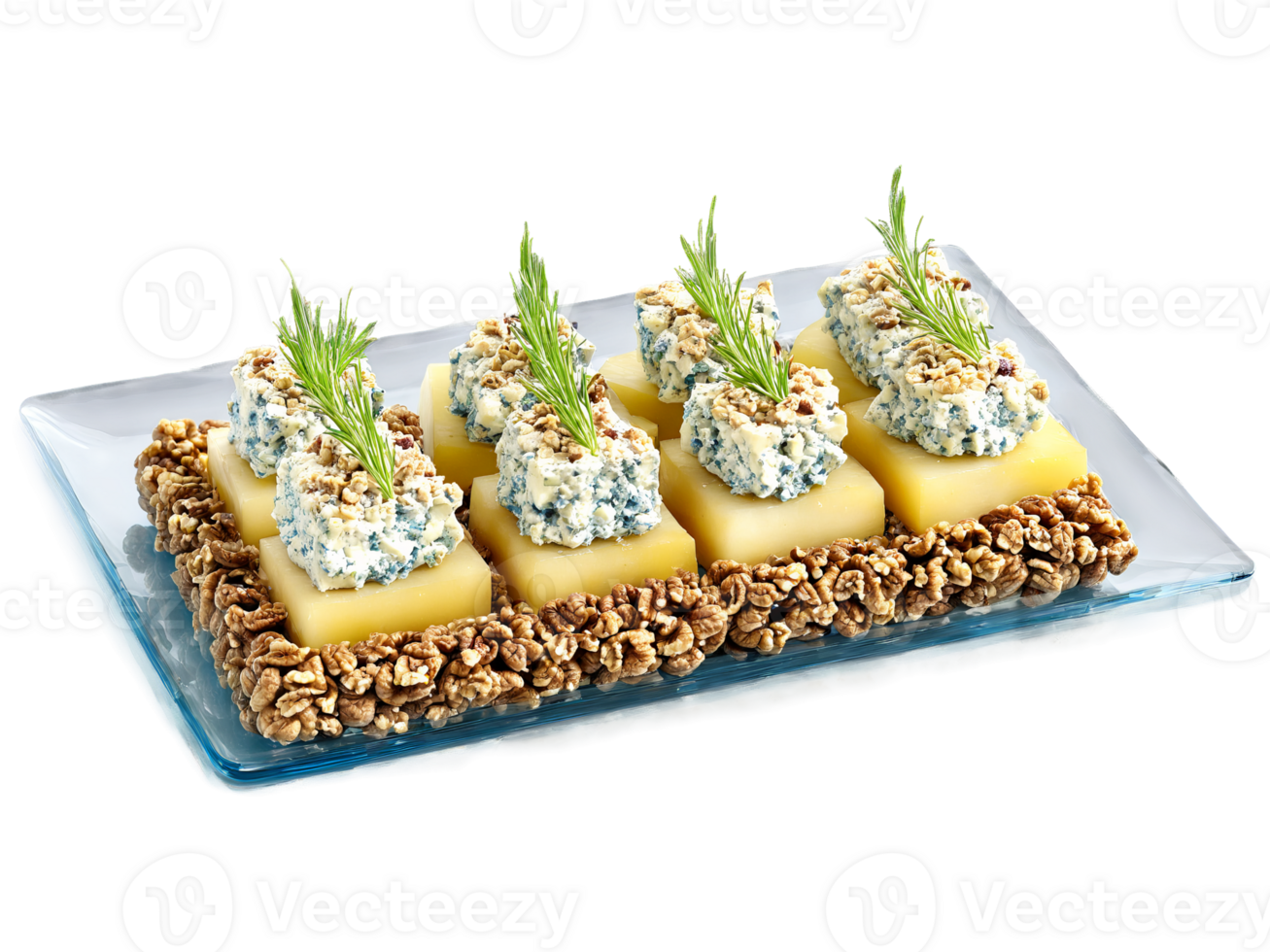 Canapes blue cheese and walnut with a slice of pear served on a transparent glass png
