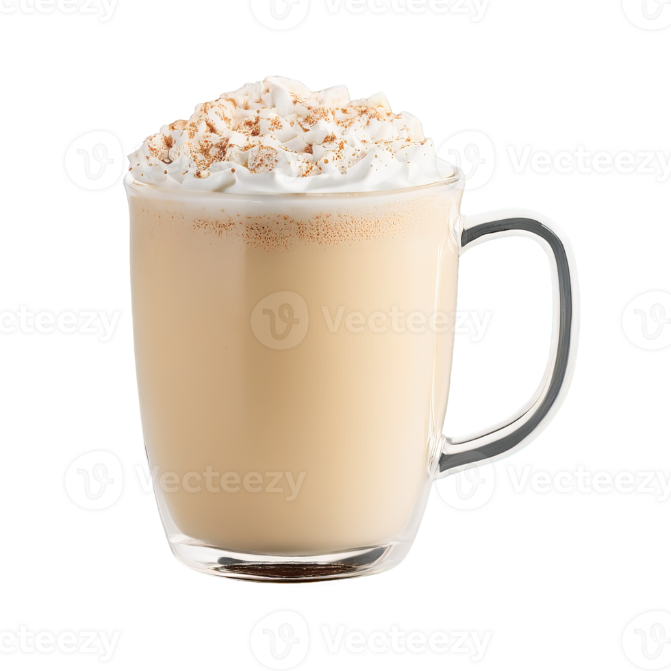 White chocolate mocha in a clear glass mug with a creamy texture and a light png