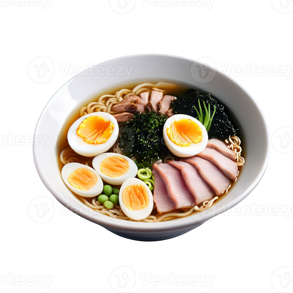 Ramen A steaming bowl of rich, flavorful ramen broth, filled with tender noodles, succulent slices of po png