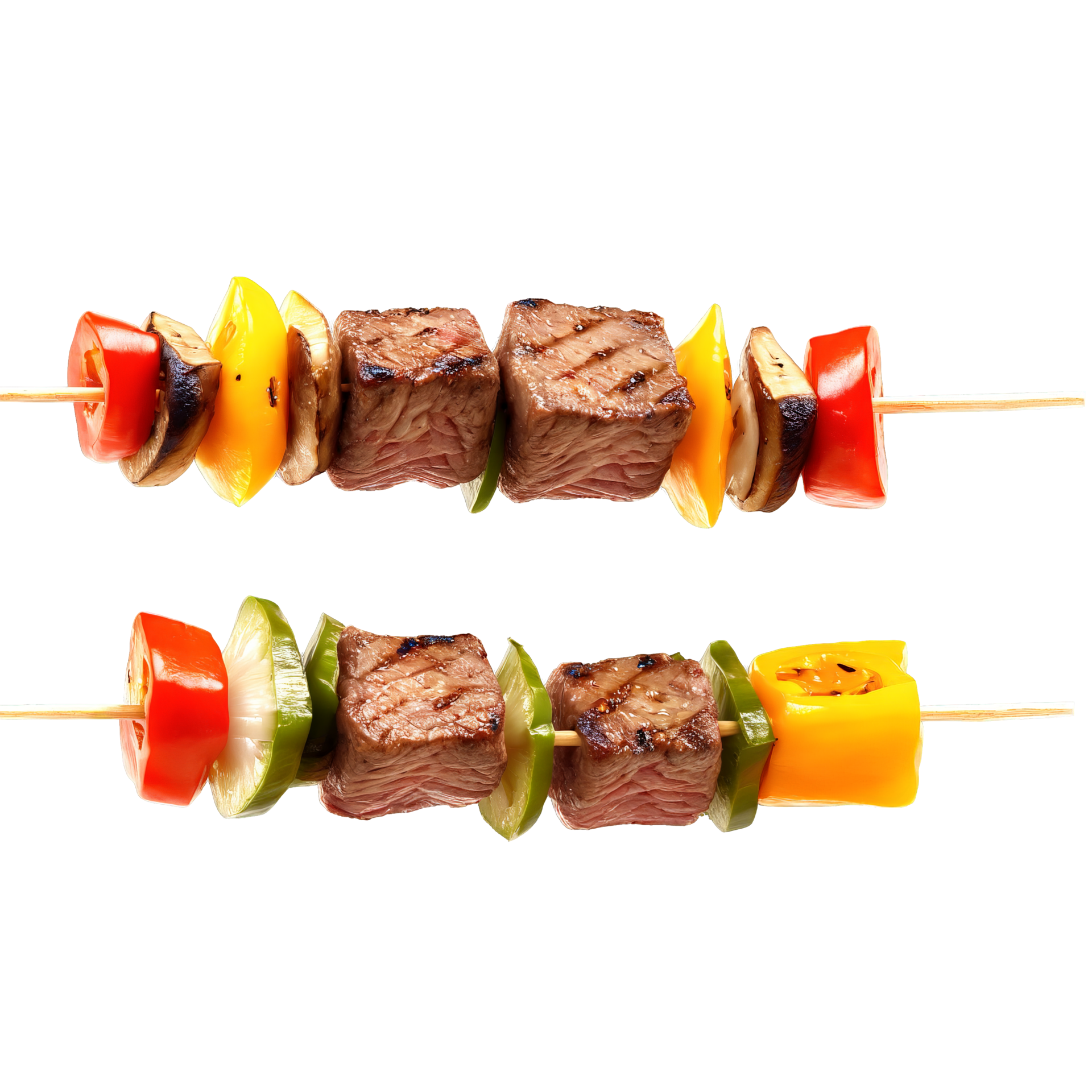 Beef Kabobs with marinated beef cubes bell peppers onions and mushrooms