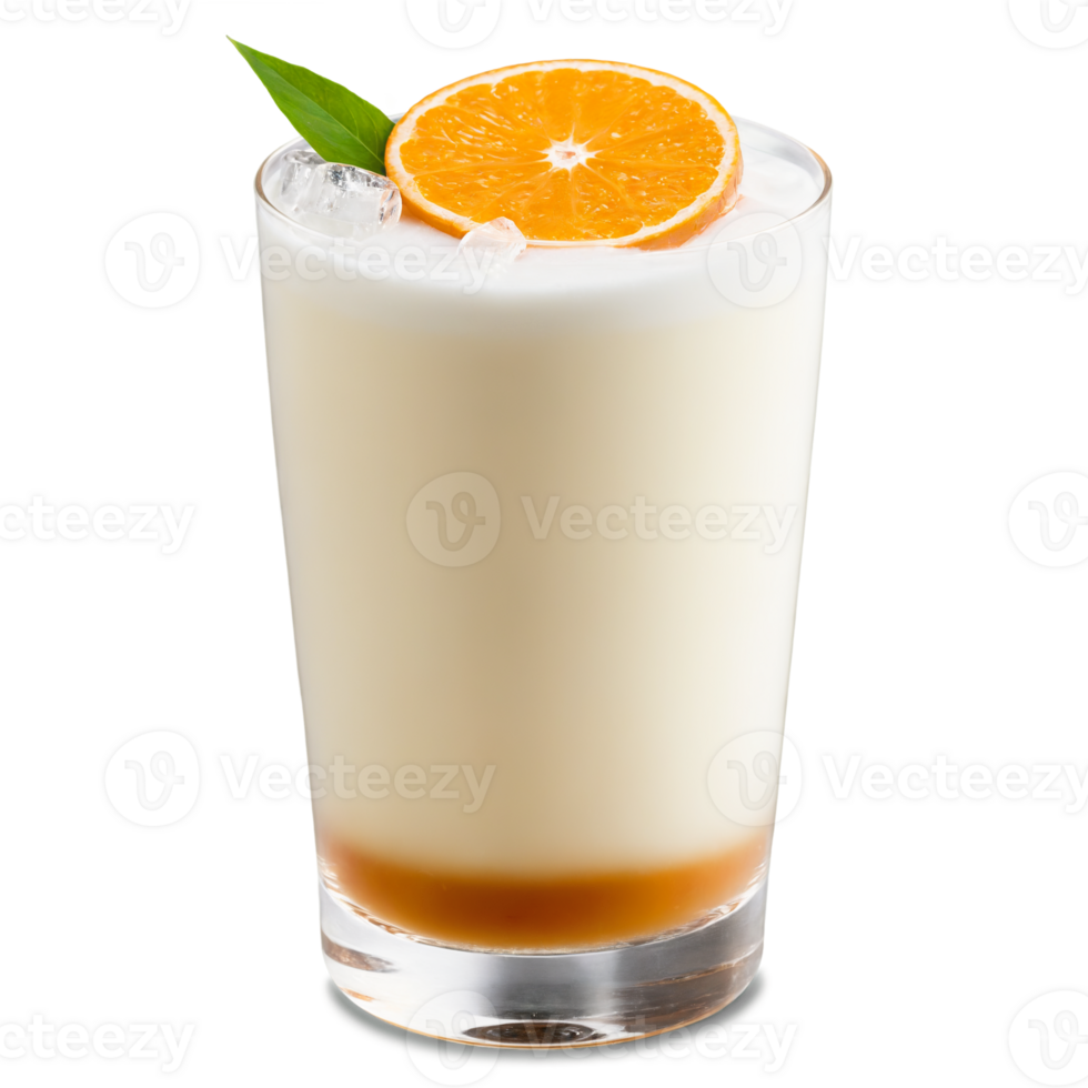 Iced Thai tea in an elegant transparent glass with ice cubes and a layer of png
