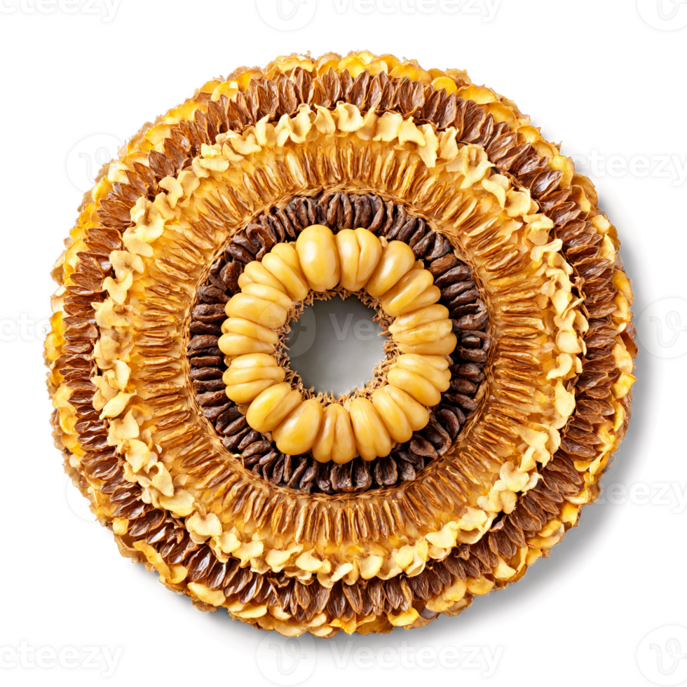 Dried Longan Mandala golden dried longans layered in an intricate circular composition halves gracefully separating png