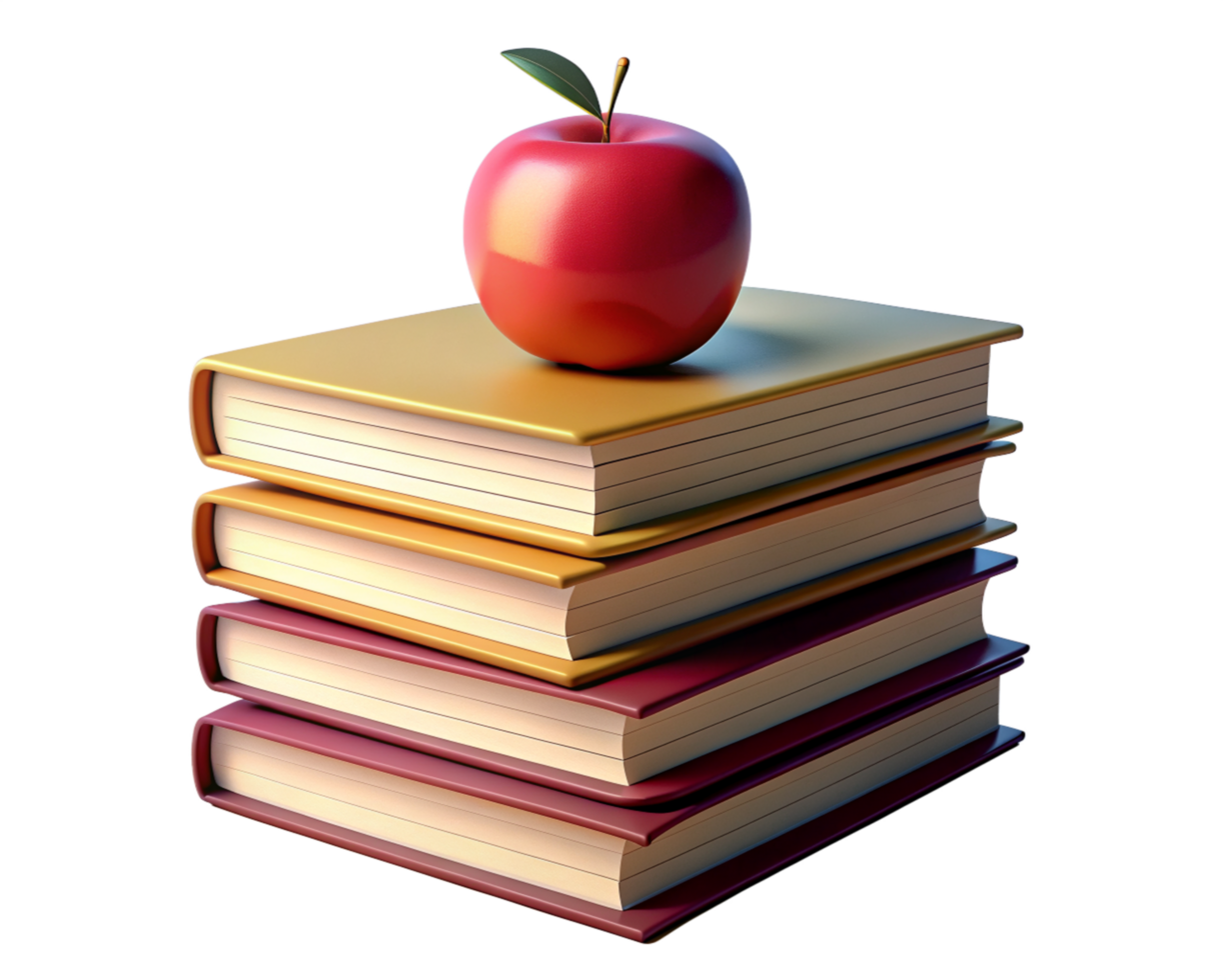 Stack of Books with Red Apple 3d Symbol png