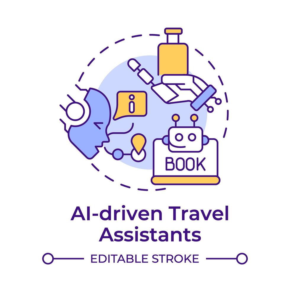 AI-driven travel assistants multi color concept icon. Virtual assistance. Technology integration in travelling. Round shape line illustration. Abstract idea. Graphic design. Easy to use in blog post vector