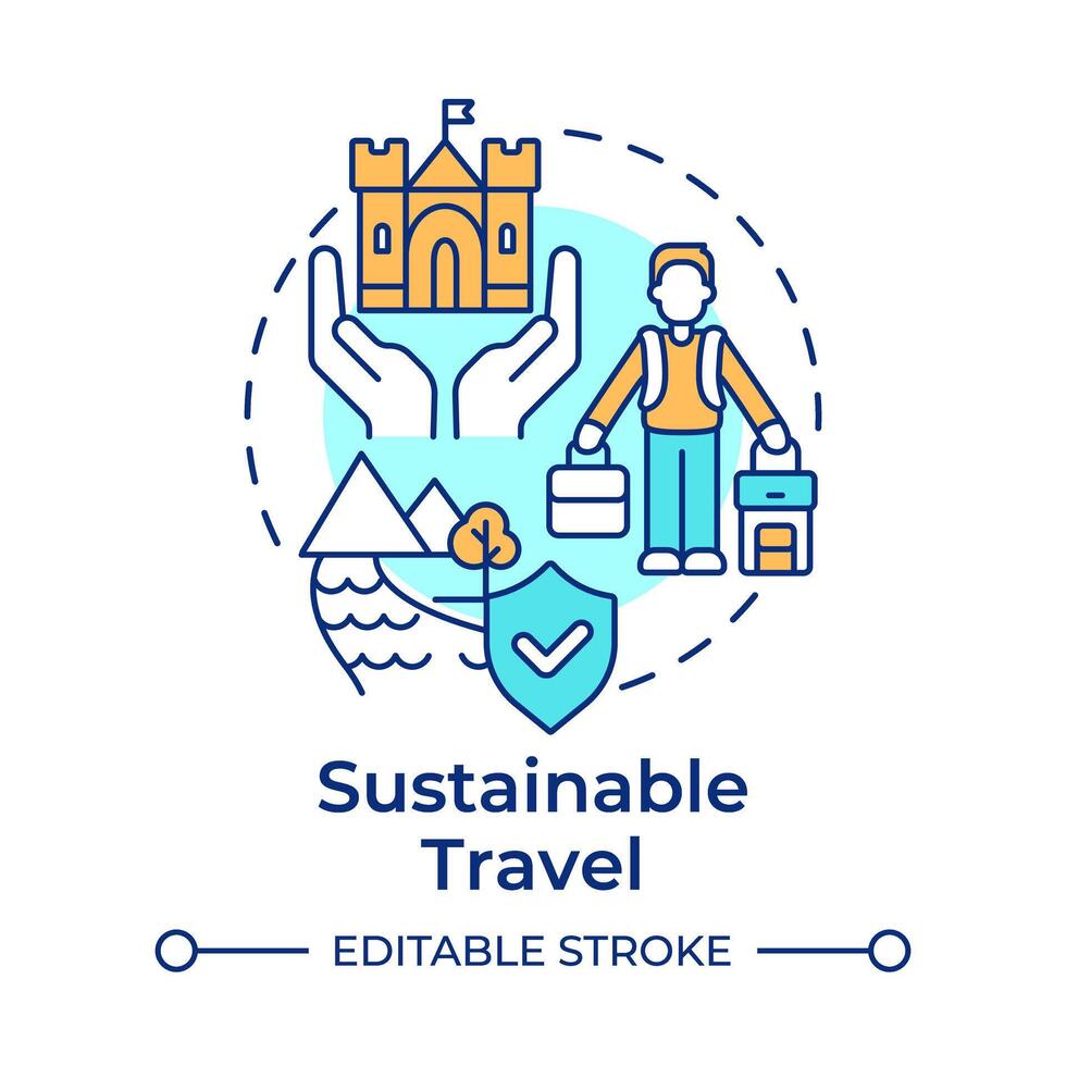 Sustainable travel multi color concept icon. Responsible tourism. Mindful travel. Nature preservation. Round shape line illustration. Abstract idea. Graphic design. Easy to use in blog post vector