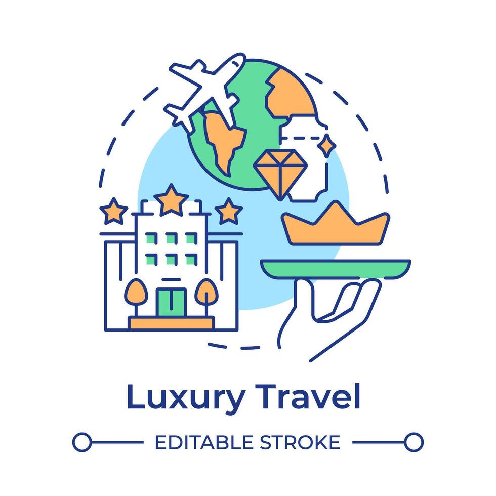 Luxury travel multi color concept icon. Exclusive trip. First class plane. VIP travel. Niche tourism. Round shape line illustration. Abstract idea. Graphic design. Easy to use in blog post vector