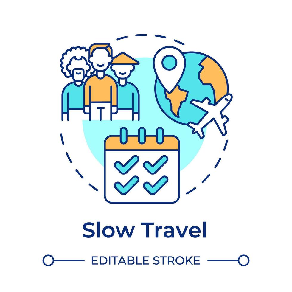 Slow travel multi color concept icon. Trend in travelling. Local hospitality. Cultural immersion. Round shape line illustration. Abstract idea. Graphic design. Easy to use in blog post vector