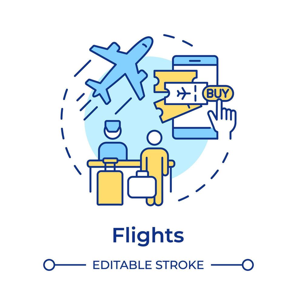 Flights multi color concept icon. Travel service. Online booking. Buy tickets. Flight reservation. Round shape line illustration. Abstract idea. Graphic design. Easy to use in application vector