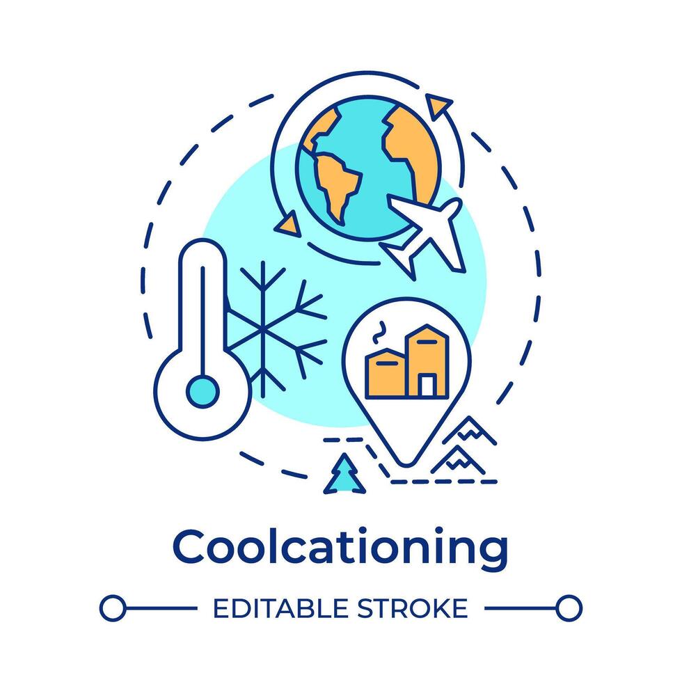 Coolcationing multi color concept icon. Cold weather vacation. Winter retreat. Travel trend. Ski resort. Round shape line illustration. Abstract idea. Graphic design. Easy to use in blog post vector