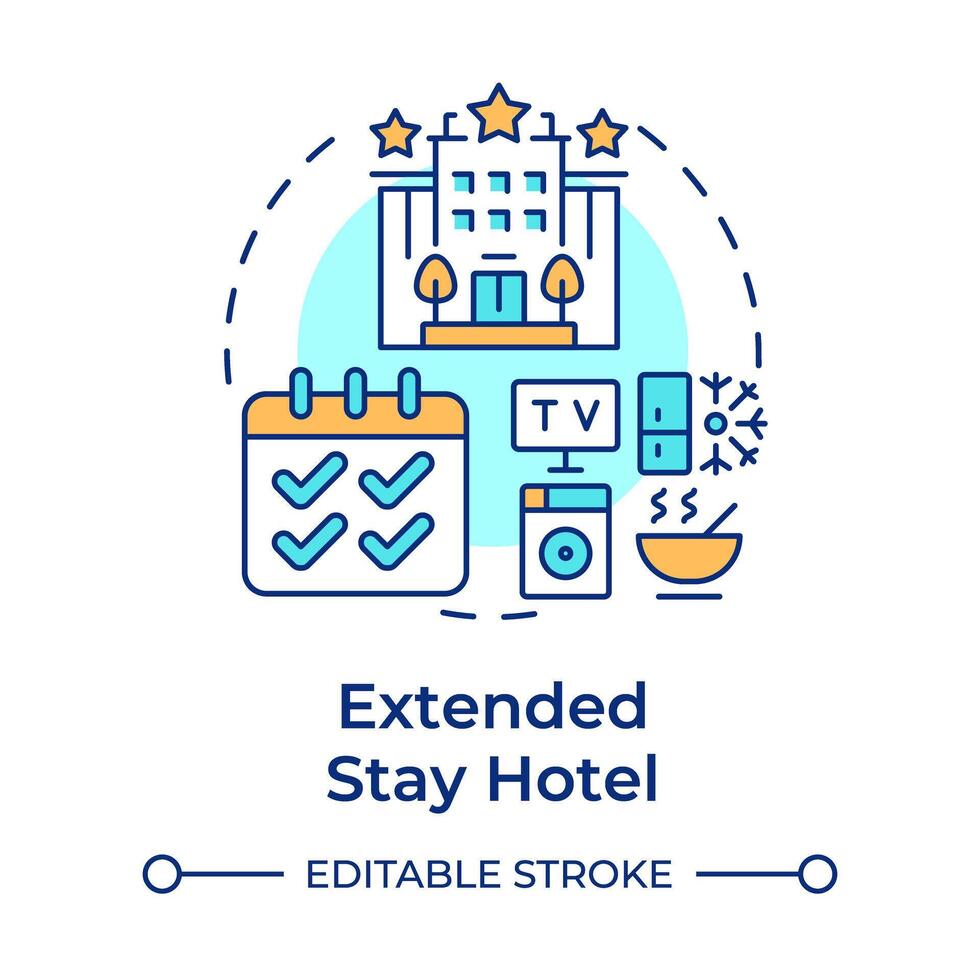 Extended stay hotel multi color concept icon. Long term accommodation. Travel trend. Hotel booking. Round shape line illustration. Abstract idea. Graphic design. Easy to use in blog post vector