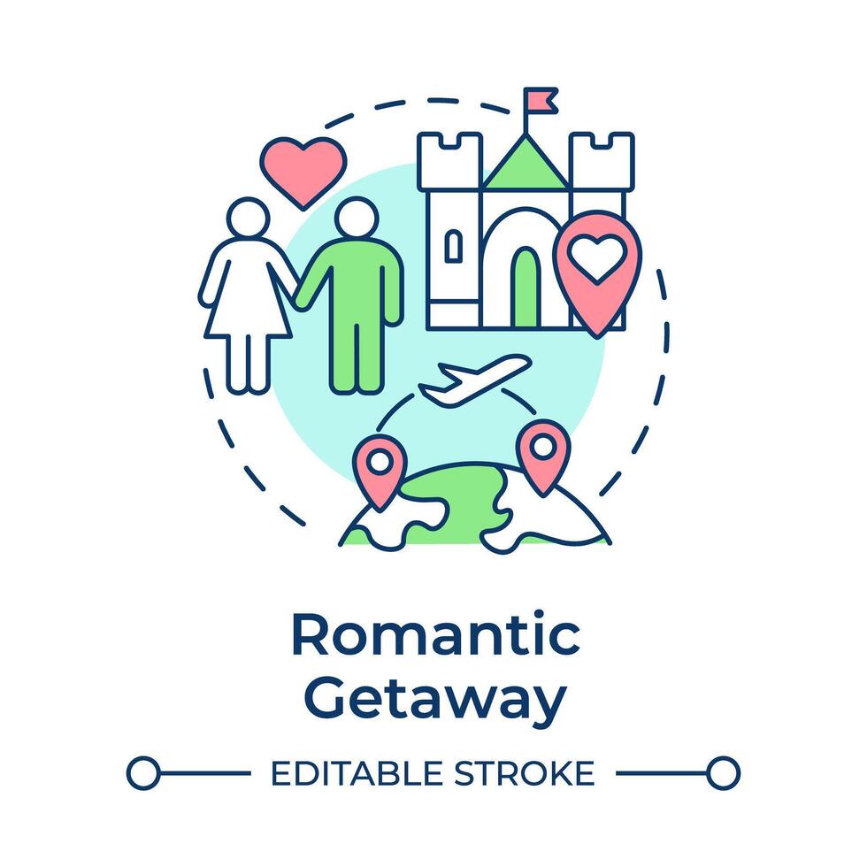 Romantic getaway multi color concept icon. Honeymoon destinations. Travel for two. Love trip. Round shape line illustration. Abstract idea. Graphic design. Easy to use in application vector