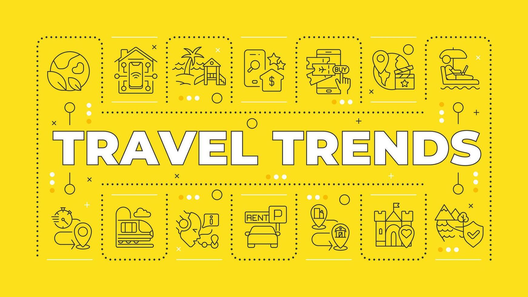 Travel trends yellow word concept. Tourism and hospitality industry. Technology integration. Horizontal image. Headline text surrounded by editable outline icons vector