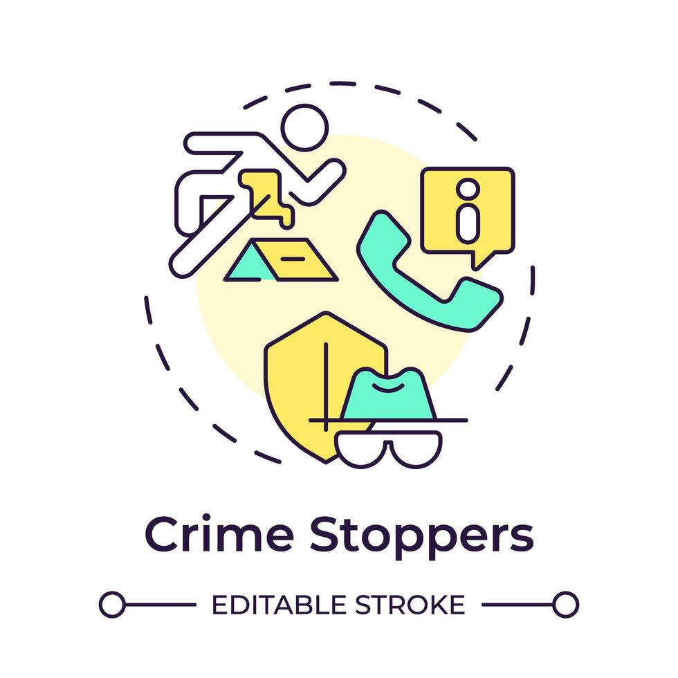Crime stoppers multi color concept icon. Public safety organization. Incident prevention. Round shape line illustration. Abstract idea. Graphic design. Easy to use in infographic, presentation vector