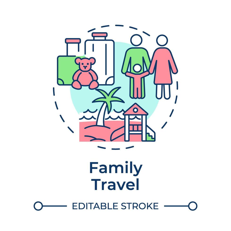 Family travel multi color concept icon. Travelling with children. Beach vacation. Leisure trip. Round shape line illustration. Abstract idea. Graphic design. Easy to use in application vector