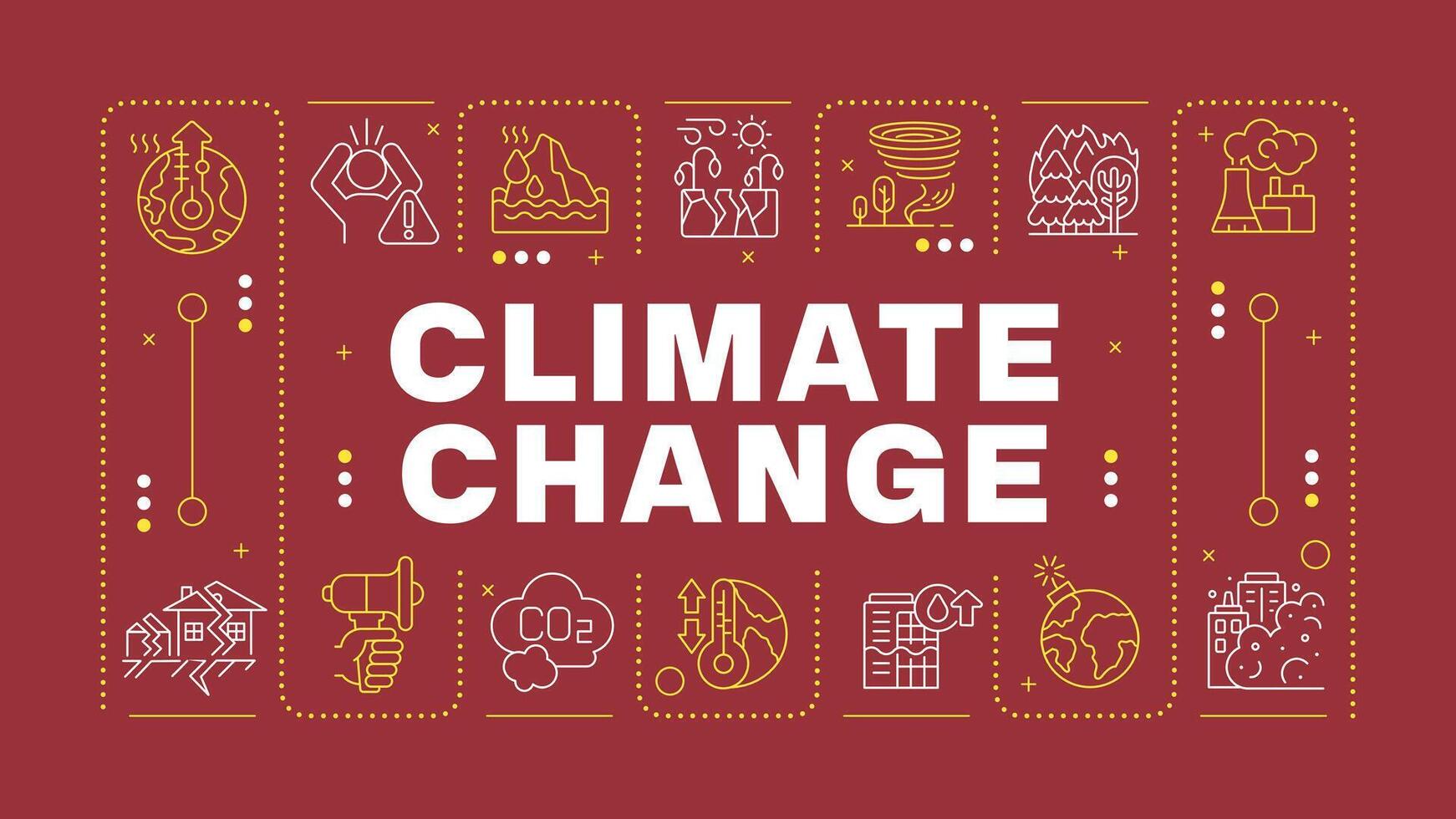 Climate change dark red word concept. Industrial water pollution, global warming. Natural disaster. Horizontal image. Headline text surrounded by editable outline icons vector