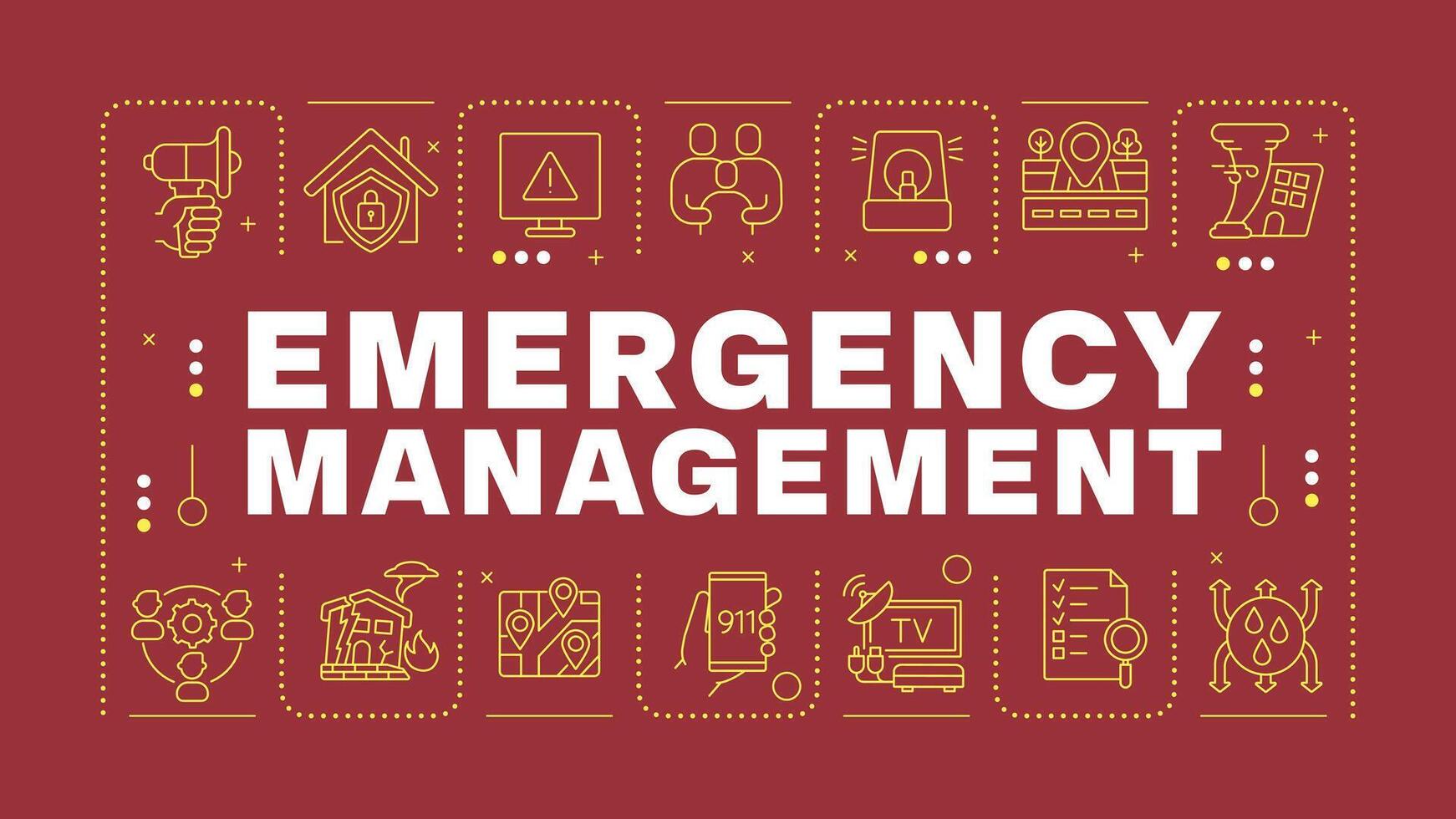 Emergency management dark red word concept. Fire detection systems. Home security, disaster. Horizontal image. Headline text surrounded by editable outline icons vector