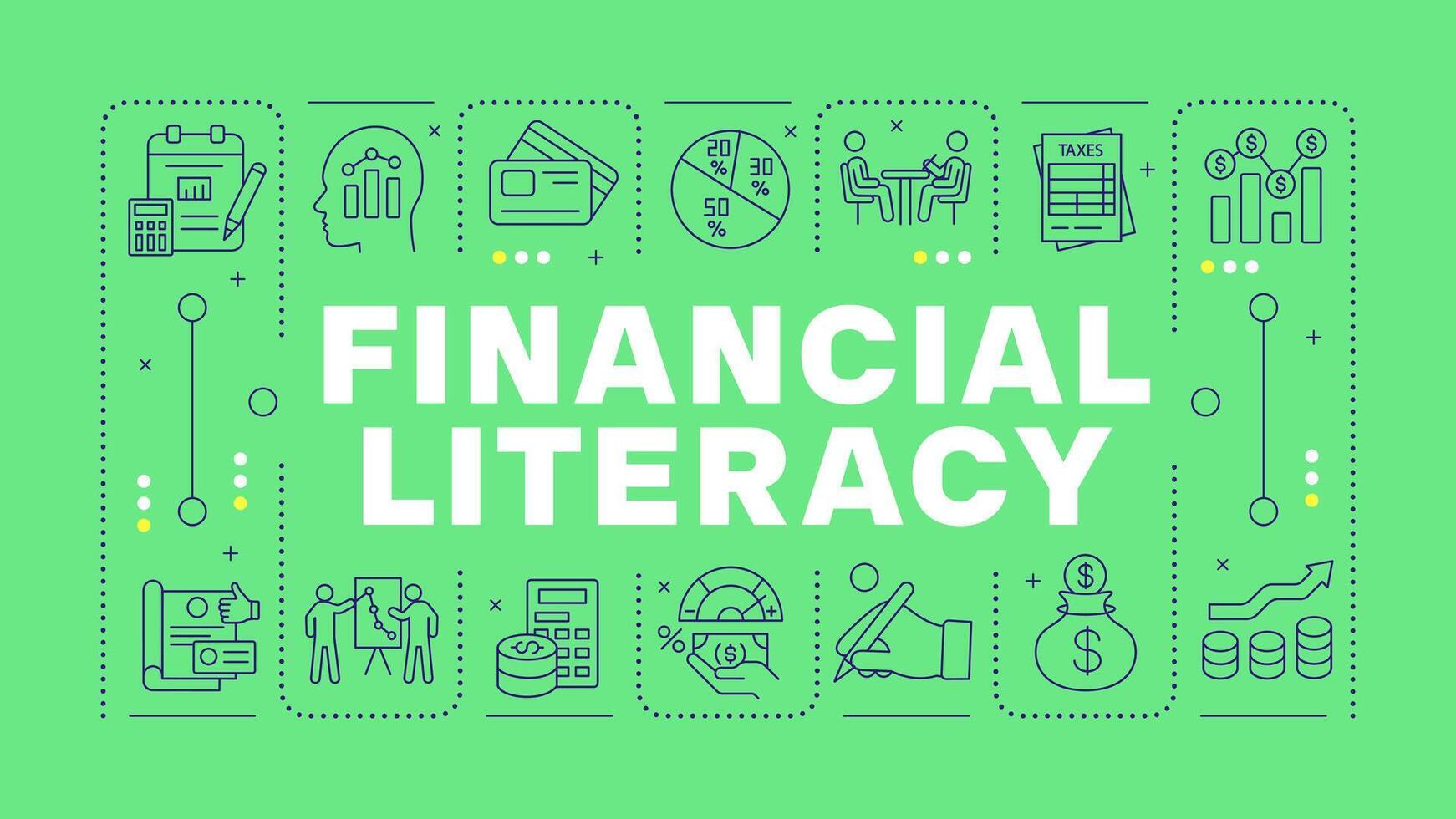 Financial literacy green word concept. Family saving, paying bills. Personal finance. Horizontal image. Headline text surrounded by editable outline icons vector
