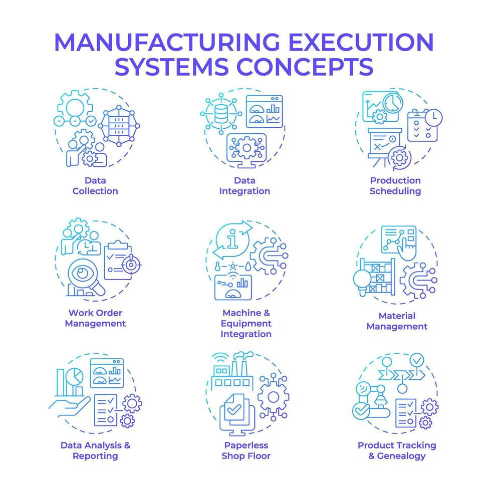 Manufacturing execution systems blue gradient concept icons. Production processes optimization. Factory automation, performance. Icon pack. Round shape illustrations. Abstract idea vector