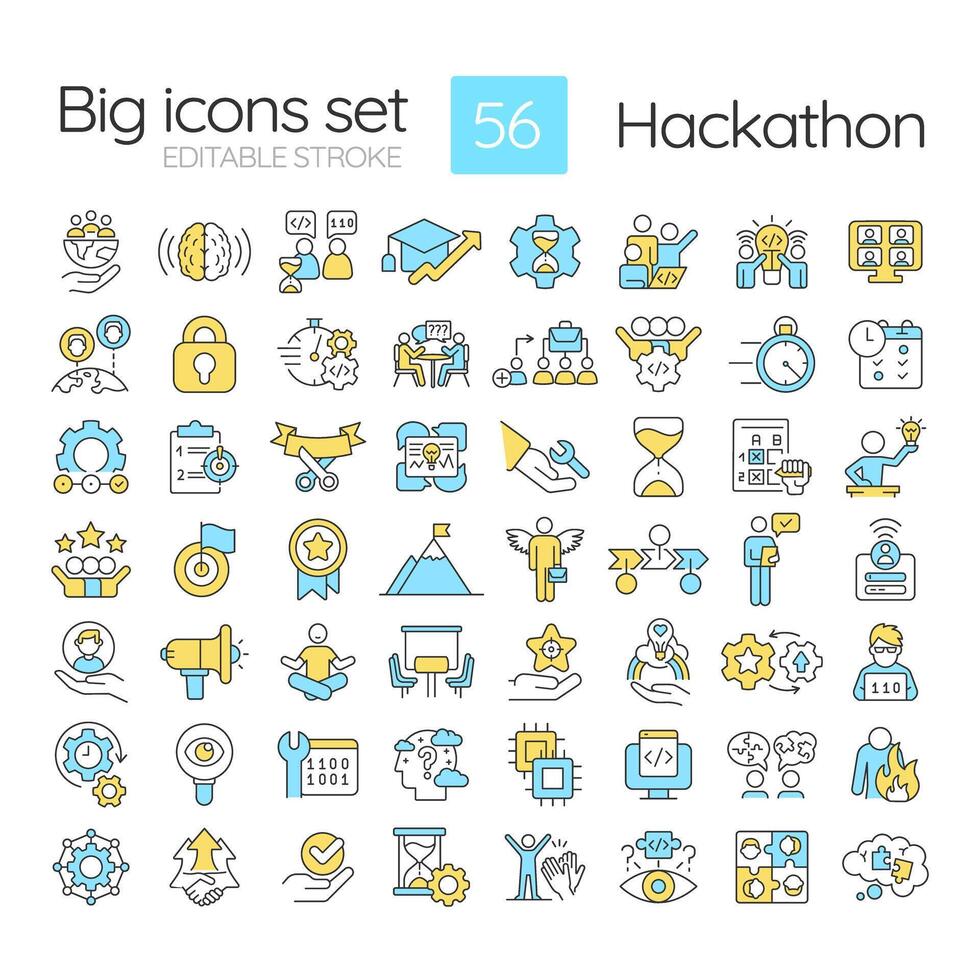 Hackathon RGB color icons set. Event for developers and programmrs. Tech solutions. Team competition. Isolated illustrations. Simple filled line drawings collection. Editable stroke vector
