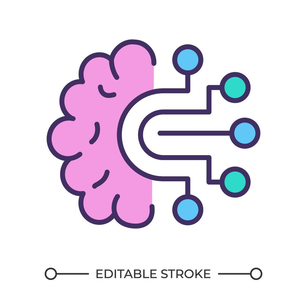Cognitive computing RGB color icon. Human brain and electronic circuitry. Artificial intelligence. Machine learning. Isolated illustration. Simple filled line drawing. Editable stroke vector