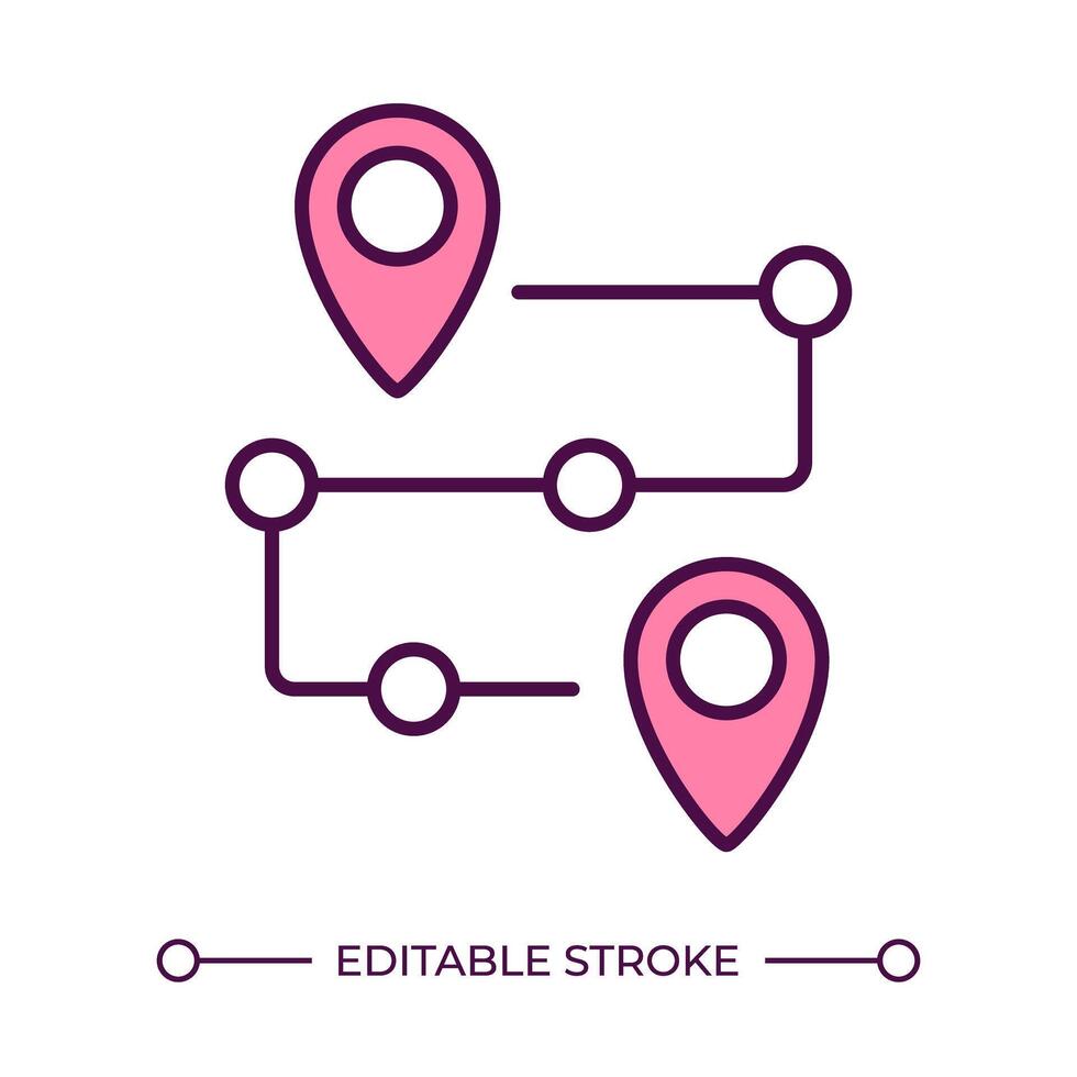 Route RGB color icon. Gps navigation. Location marker. Supply chain route. Customer journey. Product roadmap. Isolated illustration. Simple filled line drawing. Editable stroke vector