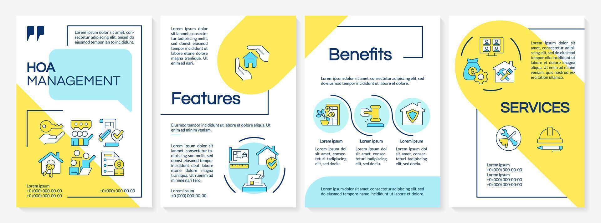 Home owner association benefits blue and yellow brochure template. Leaflet design with linear icons. Editable 4 layouts for presentation, annual reports vector