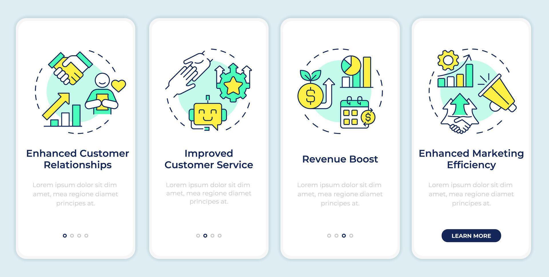 CRM organization onboarding mobile app screen. Walkthrough 4 steps editable graphic instructions with linear concepts. UI, UX, GUI template vector