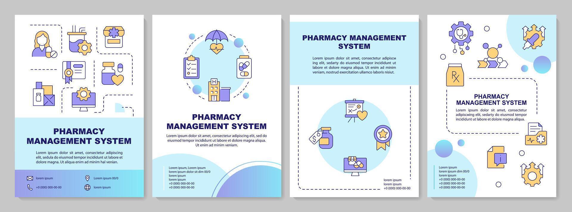 Pharmacy management blue gradient brochure template. Leaflet design with linear icons. Editable 4 layouts for presentation, annual reports vector