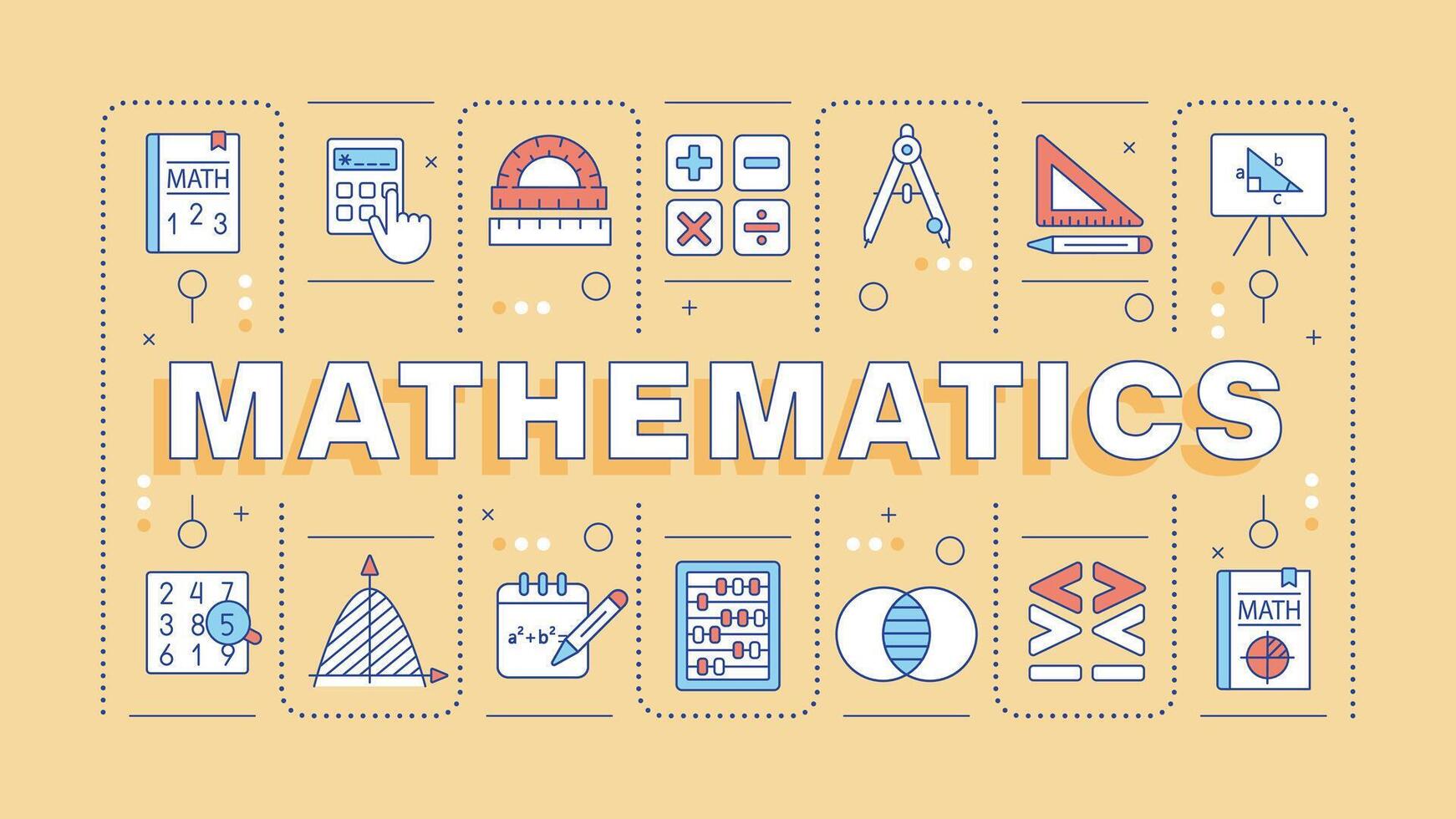 Mathematics light orange word concept. Science calculations. Academic discipline, algebra. Typography banner. Illustrationwith title text, editable icons color vector
