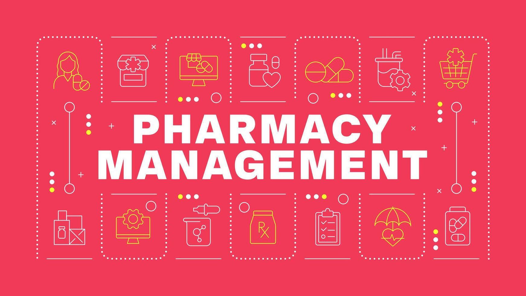 Pharmacy management red word concept. Quality control, monitoring. POS system software. Horizontal image. Headline text surrounded by editable outline icons vector